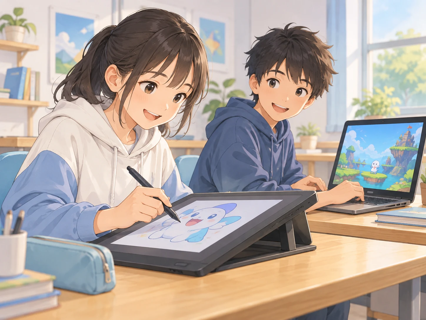 ペンタブレットで絵を描く子と、パソコンでゲームをつくる子のイラスト